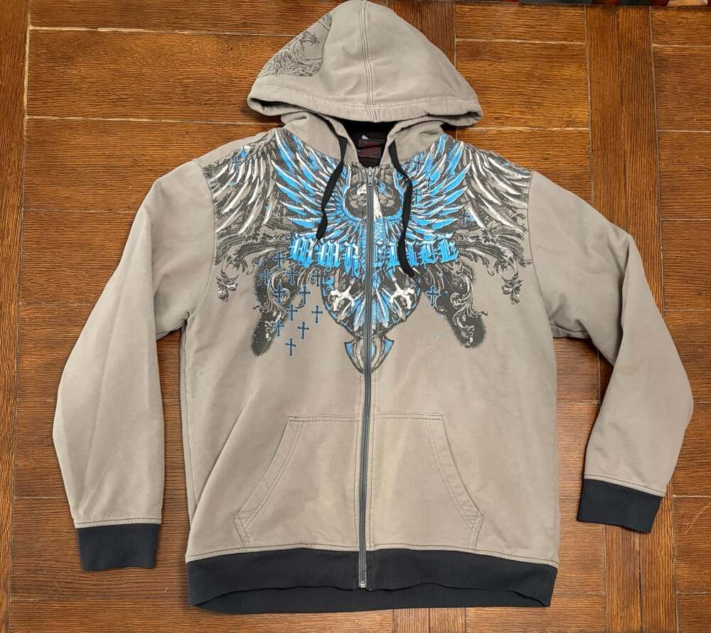 Vintage Y2K MMA Elite Hoodie Mens Gray Skull AOP Zip Up Sherpa Lined Jacket